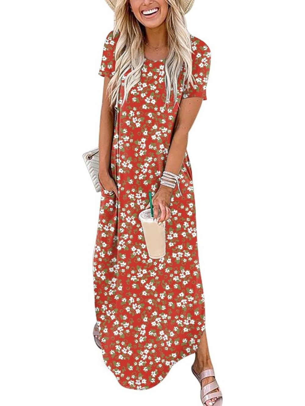 Women's Floral Red White Summer Maxi Dress Short Sleeve Casual Split T Shirt